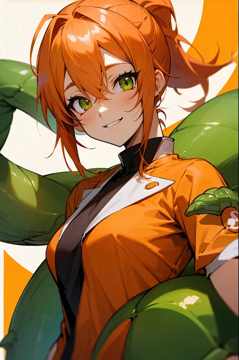Ebi no Monster Musume、orange clothes、orange hair、ponytail、beautiful green eyes、Smiling、Shrimp mascot、upper body closeup