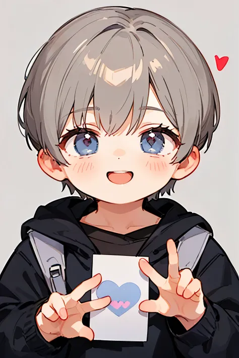 high quality,eye highlights,thin body,from front,face,look at viewer,droopy eyes,heart pose,smile,open your mouth and laugh,(((chilled boy))), ((1 boy)), Five hands,young,(grey bronze hair),((very short  hair)),simple background, 