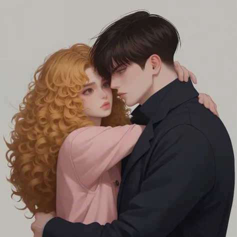 The first guy is a tall, pumped up man, Curly hair, with long hair, shaved whiskey, yellow hair, face with brown eyes, leather black jacket, he hugs his second guy - a femboy, short stature, black hair, shaggy hair, blue eyes, full body, plump lips, cute p...