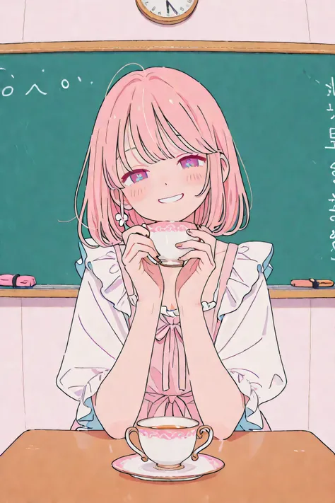 top quality、high resolution、detailed eyes in the classroom、Two beautiful girls in classical dresses are enjoying tea gracefully in tea sets、Smiling and holding a teacup、having an elegant tea party in front of a small table、The background is pale pink or wh...