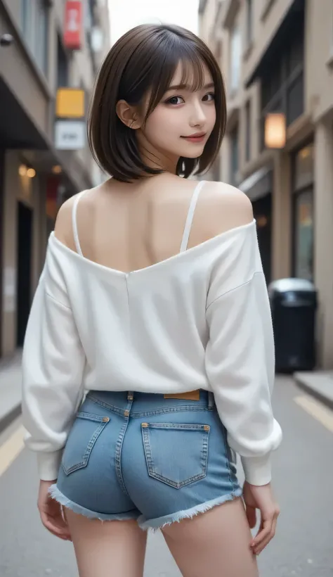 ( top quality , masterpiece:1.2),  perfect body,  Slim Waist, Big breasts,  energetic off-shoulder sweatshirt,  ショートJeans, backstreet, vibrant，one girl, The golden ratio,[:(detailed faces with ofisu:1.2):0.2]:，  Pure Face， is standing，View from the waist， ...