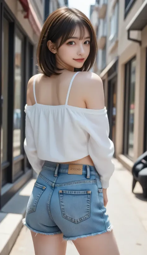 ( top quality , masterpiece:1.2),  perfect body,  Slim Waist, Big breasts,  energetic off-shoulder sweatshirt,  ショートJeans, backstreet, vibrant，one girl, The golden ratio,[:(detailed faces with ofisu:1.2):0.2]:，  Pure Face， is standing，View from the waist， ...