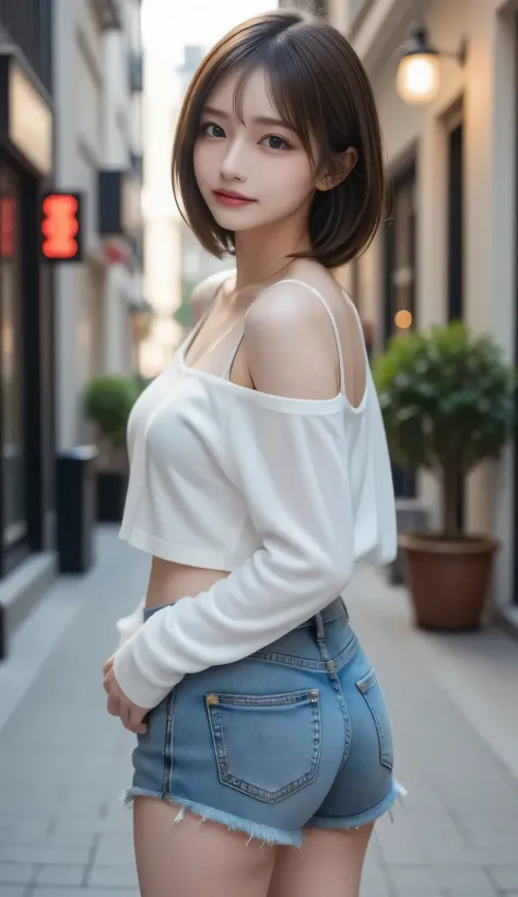 ( top quality , masterpiece:1.2),  perfect body,  Slim Waist, Big breasts,  energetic off-shoulder sweatshirt,  ショートJeans, backstreet, vibrant，one girl, The golden ratio,[:(detailed faces with ofisu:1.2):0.2]:，  Pure Face， is standing，View from the waist， ...