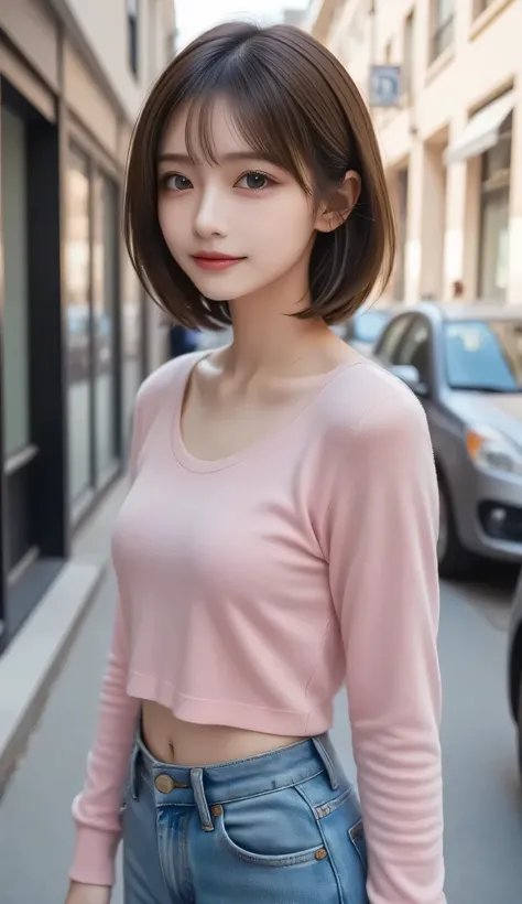 ( top quality , masterpiece:1.2),  perfect body,  Slim Waist, Big breasts,  energetic off-shoulder sweatshirt,  ショートJeans, backstreet, vibrant，one girl, The golden ratio,[:(detailed faces with ofisu:1.2):0.2]:，  Pure Face， is standing，close-up  ，( top qual...