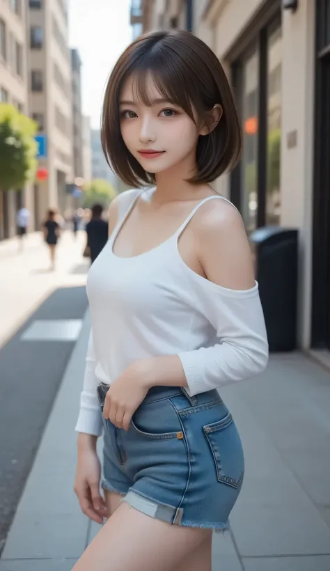 ( top quality , masterpiece:1.2),  perfect body,  Slim Waist, Big breasts,  energetic off-shoulder sweatshirt,  ショートJeans, backstreet, vibrant，one girl, The golden ratio,[:(detailed faces with ofisu:1.2):0.2]:，  Pure Face， is standing，close-up  ，( top qual...