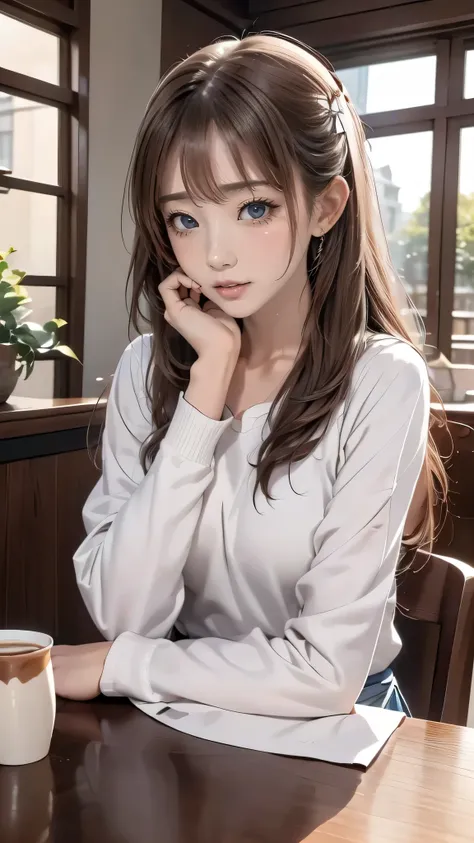 tableトップ, highest quality, 1 girl, alone, light brown long hair, beautiful blue eyes ,window, sitting, indoors, table, sleeves go above the wrist, Cafe, Coffee cup,hair ribbon, headrest, closed mouth, blue sweater, Upper body