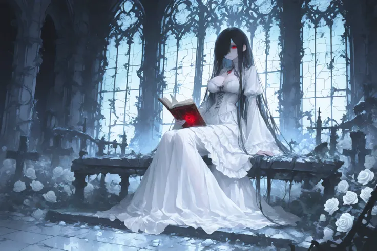 semi-transparent bodies, wearing victorian gothic dresses, sitting on a cracked stone bench, holding an old book , melancholic expressions, abandoned garden inside a ruined gothic castle, overgrown vines, shattered stone pillars, broken stained glass, fu...