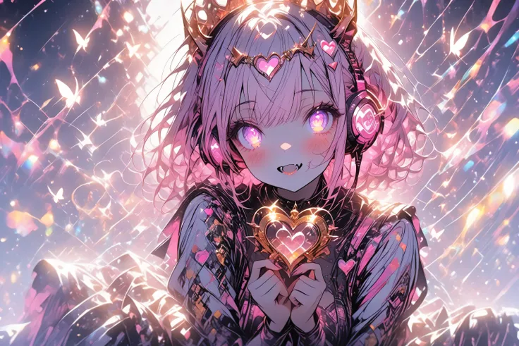 
1 girl, violet eyes, light pink hair, short hair, cool, beautiful, medium breast, very cute, lovely, kawaiiWhite light basic bright background, butterflies swirling around,  pretty golden horns,  fangs,  sensual eyes, white dress with golden items, sittin...