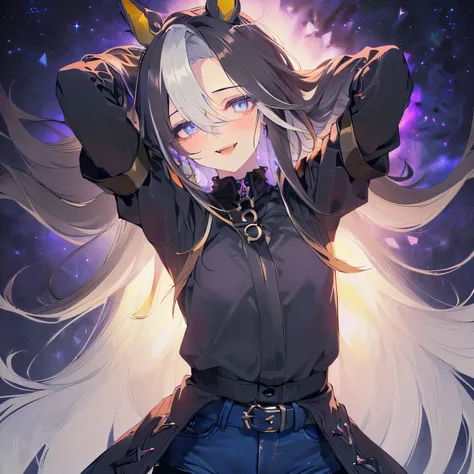 (Solo, petite girl, petite figure, big and muscular body. Masterpiece, highly rated work, textured skin, high details, anatomically correct, high resolution. Dark blue-violet background, crystals, crystalline wall, crystalline ground, strong cross wind. H...