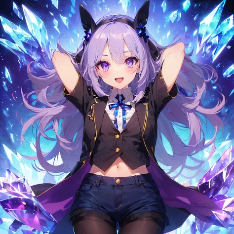 (Solo, petite girl, petite figure, big  and muscular body. Masterpiece, highly rated work, textured skin, high details, anatomically correct, high resolution. Dark blue-violet background, crystals, crystalline wall, crystalline ground, strong cross wind. H...
