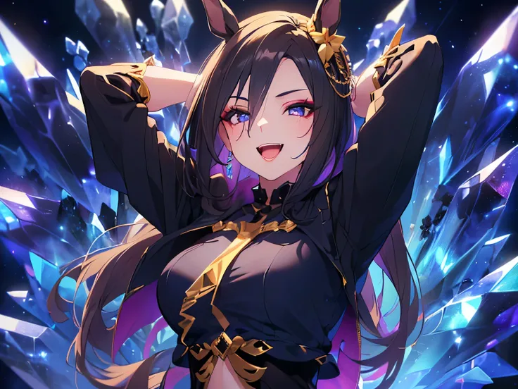 (Solo, big  and muscular body, petite girl, petite figure. Masterpiece, highly rated work, textured skin, high details, anatomically correct, high resolution. Dark blue-violet background, crystals, crystalline wall, crystalline ground, strong cross wind. H...