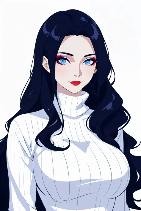 beautiful elegant anime woman, long wavy Black hair, soft Blue eyes, glamorous makeup, sultry smile, red lipstick, pale skin, White high colar sweater, romantic lighting, mysterious, detailed eyes, semi-realistic, dark background, elegant gothic noir style...