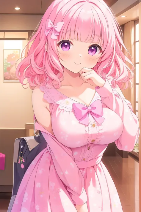 (masterpiece, best quality), highly detailed background, perfect lightingbest quality, nittamoeka, solo, indoors, pink hair, hair bow, pink bow, curly hair, short hair, purple eyes, pink eyes, large breasts, white shirt,  pink skirt, floral print, smile, c...