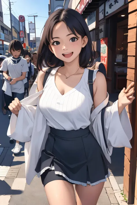 masterpiece, top quality, 1 adult woman 10.0,Highly detailed,Also々Nice Face,laughing with mouth open,black eyes,can see her legs through a short skirt,Natural Beauty,cinematic,Medium-sized chest,walking downtown,Removes 10.0,wears 50 high-waisted.0,Big 10...