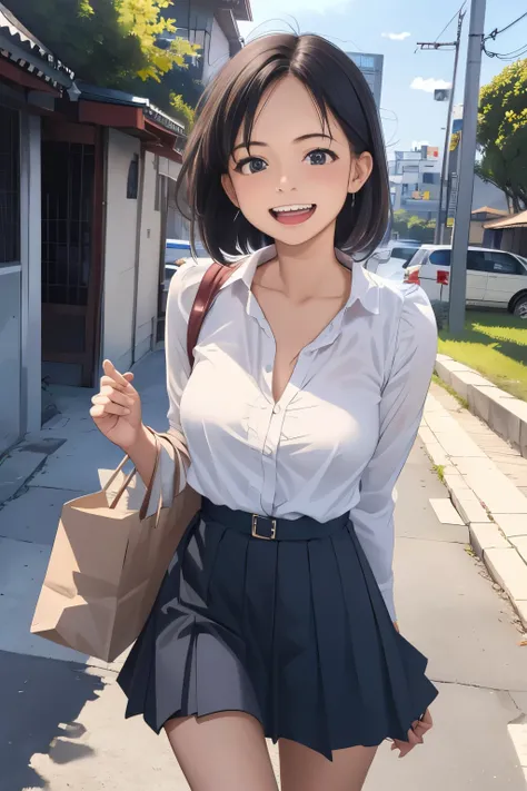 masterpiece, top quality, 1 adult woman 10.0,Highly detailed,Also々Nice Face,laughing with mouth open,black eyes,Legs and legs are visible from a short skirt,Natural Beauty,cinematic,Medium-sized chest,I'm walking along the path to the temple,Removes 10.0,w...