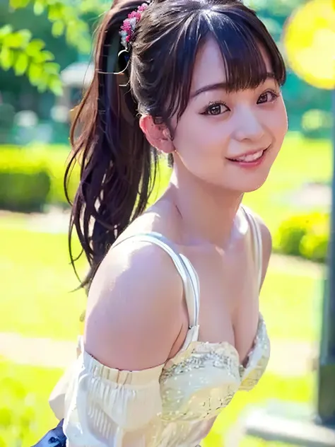  One Girl on Her Back,Japanese,Standing in line ,Laughter,Idol,green,  lavish linen decoration  ,  stylish,  sexy lingerie,big, beautiful breasts、 perfect composition、 top quality、 Highly detailed、masterpiece、Realistic、 ribbon ponytail,   side tie lace sat...