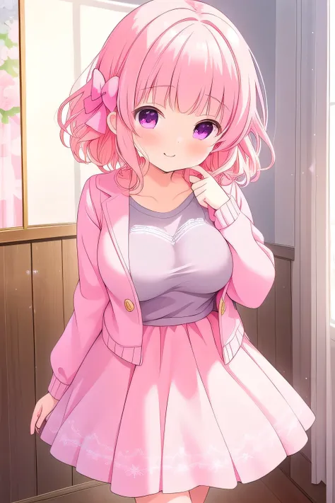 (masterpiece, best quality), highly detailed background, perfect lightingbest quality, nitta moeka, solo, indoors, pink hair, hair bow, pink bow, curly hair, short hair, purple eyes, pink eyes, big breasts, grey serafuku, grey shirt,  pink skirt, smile, cl...
