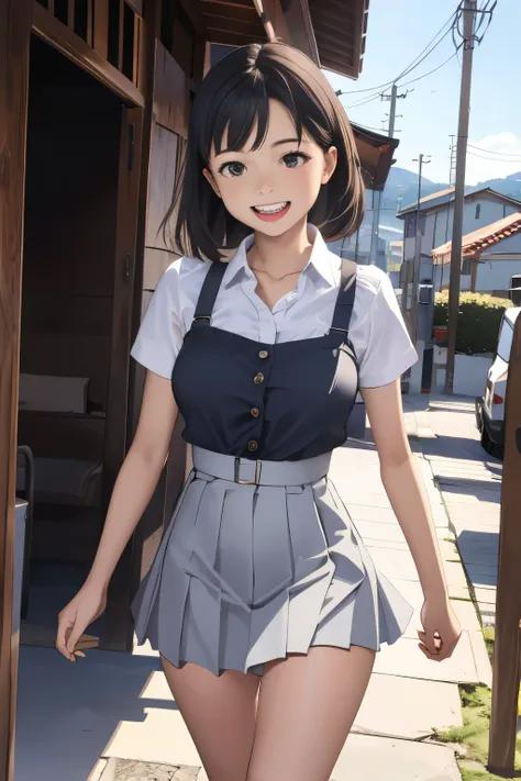 masterpiece, top quality, 1 adult woman 10.0,Highly detailed,Also々Nice Face,laughing with mouth open,black eyes,Legs and legs are visible from a short skirt,Natural Beauty,cinematic,Medium-sized chest,I'm walking along the path to the temple,Removes 10.0,w...