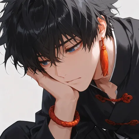 One male, short hair, messy hair, black hair, tired eyes, lazy look, blue eyes, red chinese lantern earrings, traditional martial artist uniform, black uniform, chinese lucky bracelets, red bracelets, black traditional chinese pants, white martial belt, bu...