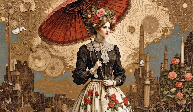 whimsical art style, surreal fantasy, illustration, an elegant full-bodied woman with an intricate hairstyle decorated with ornamental and fake roses. } She's wearing a Victorian vintage-style dress with a tight black blouse and a voluminous cream-colored ...