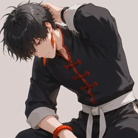 One male, short hair, messy hair, black hair, tired eyes, lazy look, blue eyes, red chinese lantern earrings, traditional martial artist uniform, black uniform, chinese lucky bracelets, red bracelets, black traditional chinese pants, white martial belt, bu...