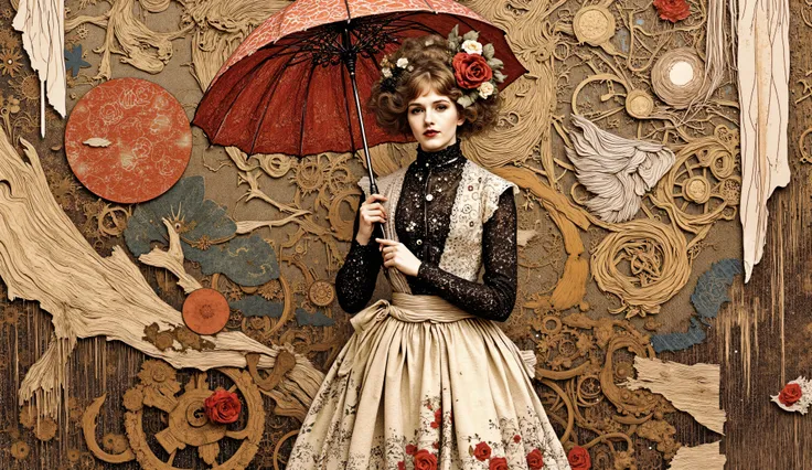 whimsical art style, surreal fantasy, illustration, an elegant full-bodied woman with an intricate hairstyle decorated with ornamental and fake roses. } She's wearing a Victorian vintage-style dress with a tight black blouse and a voluminous cream-colored ...