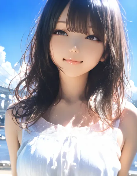1girl, year 2019, upper body, early summer, Kobe, blue sky, casual clothes, masterpiece, high score, great score, absurdres, 16k, Ultra detailed, (photorealistic : 0.5)