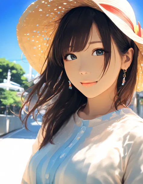 1girl, year 2019, upper body, early summer, Kobe, blue sky, casual clothes, masterpiece, high score, great score, absurdres, 16k, Ultra detailed, (photorealistic : 0.5)