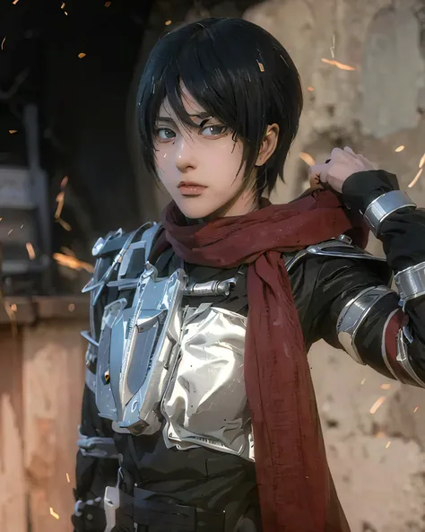 ((MIKASA ACKERMAN_ATTACK ON TITAN))),((realistic, photorealistic)),(highlight hair)), Light reflection, (( HD )),((upper body)), (((best quality, masterpiece))), (masterpiece) (best quality) (detail) (8k) (HDR) (wallpaper) (cinematic lighting) (sharp focua...