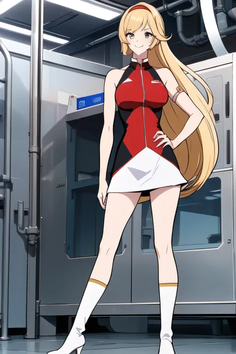 The face is absolutely necessary，Accurate representation of hands and legs，It's inside a clean factory，android, please draw a woman with an ego and a smile，blonde long hair，nice smile，， original uniform by LABOR，sleeveless，Miniskirt，white boots， needs a fu...