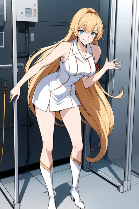 The face is absolutely necessary，Accurate representation of hands and legs，It's inside a clean factory，android, please draw a woman with an ego and a smile，blonde long hair，nice smile，， original uniform by LABOR，sleeveless，Miniskirt，white boots， needs a fu...