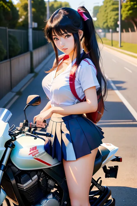 Japanese woman in school uniform posing on motorbike, beautiful high school girl shedding tears, Miniskirt、ponytail、white panties、bikini、Kawasaki Ninja、Ninja250、Ninja　KRT　Green、a hyper REAL SCHOOLGIRLS , hyper REAL SCHOOLGIRLS , Charming Anime Girls, Anime...
