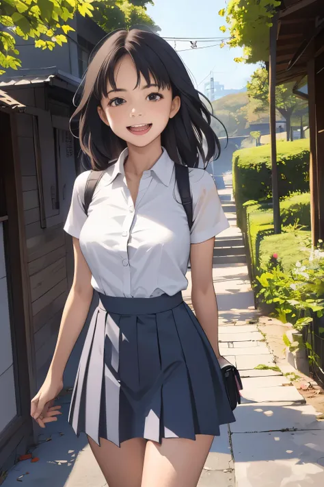 masterpiece, top quality, 1 adult woman 10.0,Highly detailed,Also々Nice Face,laughing with mouth open,black eyes,Legs and legs are visible from a short skirt,Natural Beauty,cinematic,Medium-sized chest,I'm walking along the path to the temple,Removes 10.0,w...