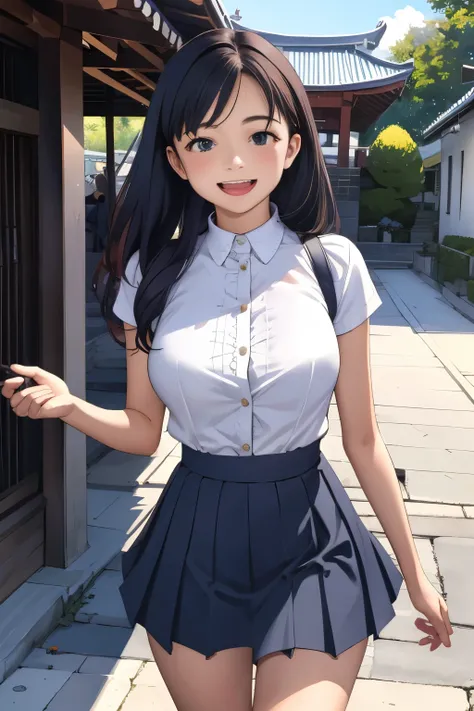 masterpiece, top quality, 1 adult woman 10.0,Highly detailed,Also々Nice Face,laughing with mouth open,black eyes,Legs and legs are visible from a short skirt,Natural Beauty,cinematic,Medium-sized chest,I'm walking along the path to the temple,Removes 10.0,w...