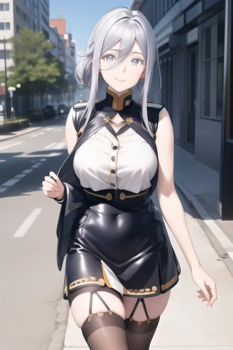 can you draw a picture of them strolling along the lakeside，A woman with a very nice smile，can you draw a more delicate expression，Police officers in ，draw big breasts，The face is absolutely necessary，accurate representation of hands and feet，sleeveless bl...