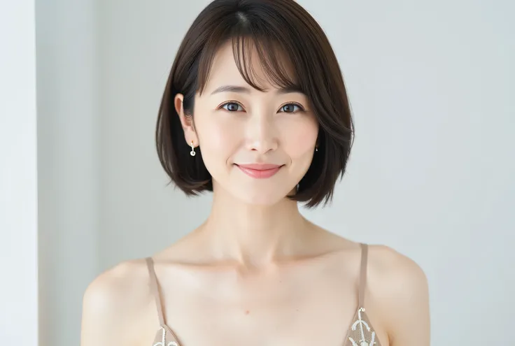 (In 8K, top quality, masterpiece:1.2), (realistic, realistic:1.37),quiet and minimalistic close-up portrait of a fresh 48 year old Japanese woman,  Natural Glow, is styled like a Hollywood actress. Her sophisticated, , ( hair is beautiful short bob hair:1....