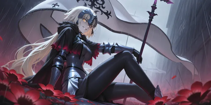 alter jeanne d arc, dynamic angle, looking confident, looking at viewer, grin, sitting, beautiful face, best posing, detailed face, holding her white flag, scary, intimidating aura, masterpiece, raining, red flower petals, view from side, badass, cool, men...