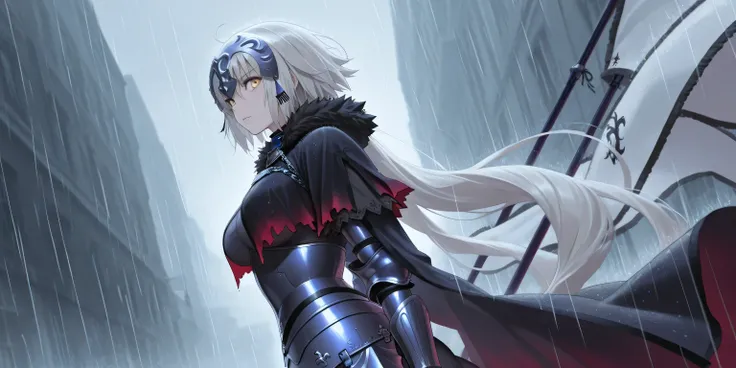 alter jeanne d arc, dynamic angle, looking confident, looking at viewer, beautiful face, best posing, detailed face, holding her white flag, masterpiece, raining, view from side, badass, cool, menacing, best quality