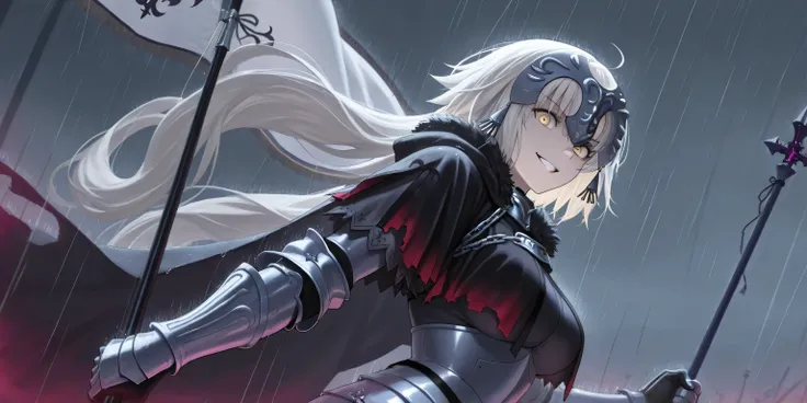 alter jeanne d arc, dynamic angle, looking confident, fighting stance, looking at viewer, grin, beautiful face, best posing, detailed face, holding her white flag, scary, intimidating aura, masterpiece, raining, view from side, badass, cool, menacing, best...