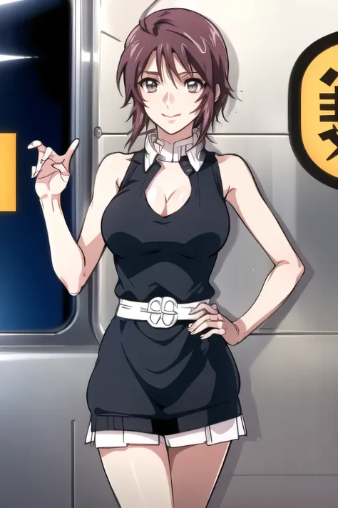   pink short hair，nice smileの女性，can you draw a sleeveless black wool sweater，Hide your chest with a costume，Please wear 2 long socks on your feet，Exact hand and foot representation，Draw something big ，nice smile，Beautiful Legs,I'm wearing high socks with a...