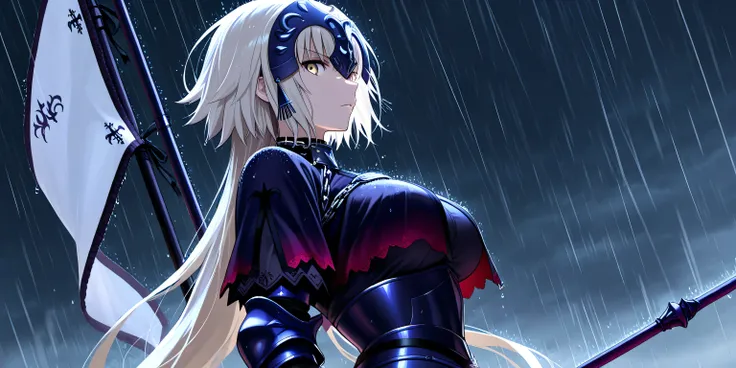 alter jeanne d arc, dynamic angle, looking confident, looking at viewer, beautiful face, best posing, detailed face, holding her white flag, masterpiece, raining, view from side, badass, cool, menacing, best quality, dark and gloomy atmosphere