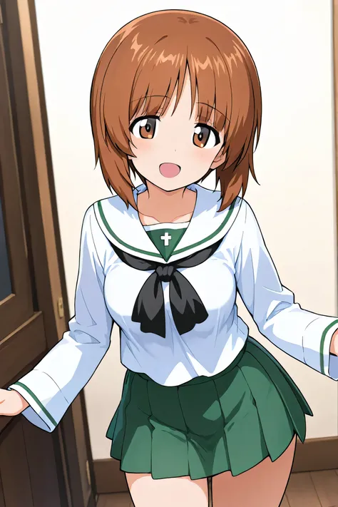 nishizumi miho,ooarai school uniform,black tie,cowboy shot, 