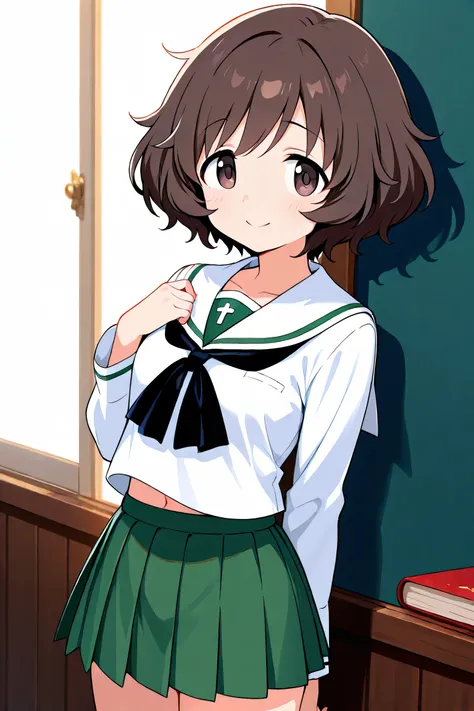akiyama yukari,ooarai school uniform,black tie,cowboy shot, 