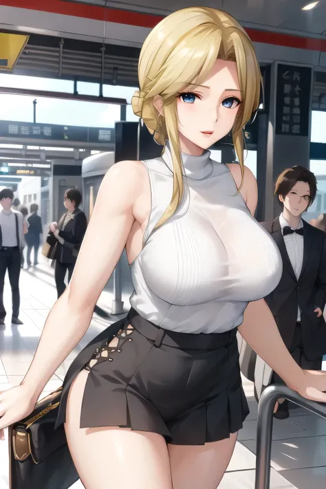 A classy elegant woman，can you draw a blonde with raised bangs，nice smile，Can you draw a woman staring at a train，draw a picture of a woman standing in front of a car waiting，東京の地下鉄ホームでwaiting for the train女性は描けますか， ,congestion,waiting for the train，Fun，Un...