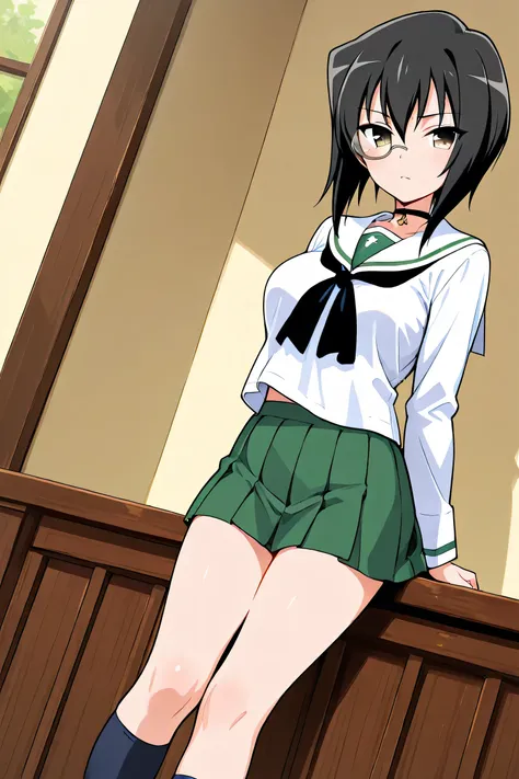 kawashima momo,monocle,ooarai school uniform,black tie,cowboy shot, 