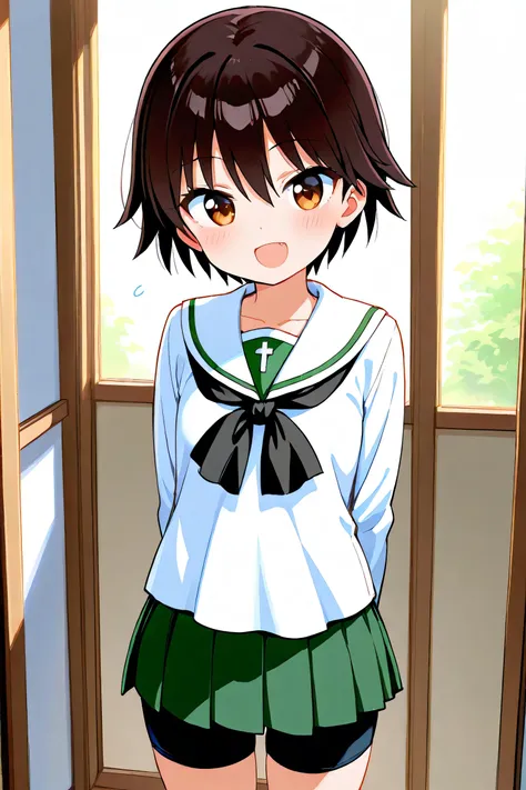 isobe noriko,ooarai school uniform,black tie,bike shorts,black shorts,shorts under skirt,cowboy shot, 