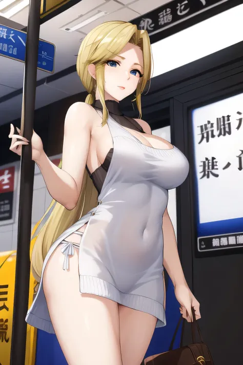 A refined and elegant woman，Blonde 、Can you draw a woman with her bangs raised，nice smile，Can you draw a woman staring at a train，Please draw a picture of a woman standing in front of a car and waiting，東京の地下鉄ホームでwaiting for the train女性は描けますか， ,congestion,w...