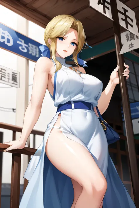 can you draw a long light blue dress，Blue ribbon belt at the waist， classy and elegant woman in a bank，Blonde 、can you draw a woman with raised bangs，nice smile，Can you draw a woman staring at a train，draw a picture of a woman standing in front of a car an...