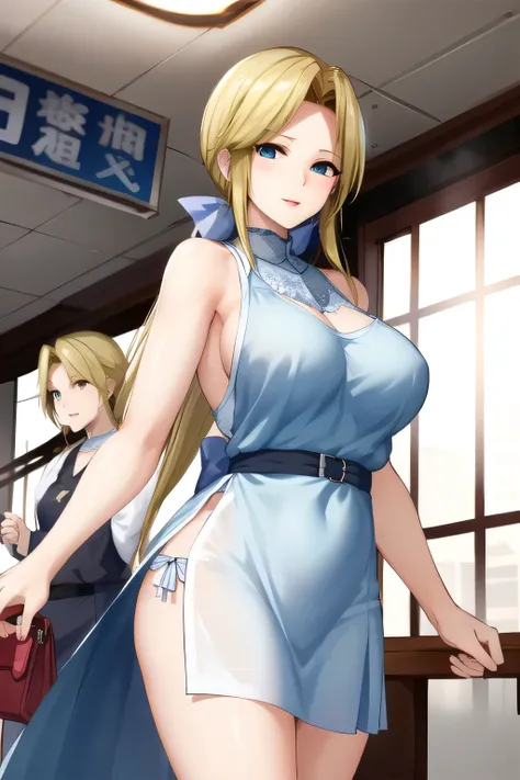 can you draw a long light blue dress，Blue ribbon belt at the waist， classy and elegant woman in a bank，Blonde 、can you draw a woman with raised bangs，nice smile，Can you draw a woman staring at a train，draw a picture of a woman standing in front of a car an...