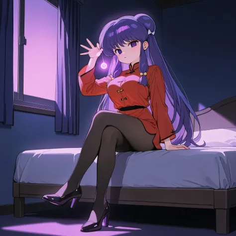 score_9, score_8_up, score_7_up, 1girl, solo, (top quality, 8k), high resolution, smooth, best quality, highly detailed, looking at viewer, bedroom at night, window with purple light, (dark room), ((from front)), large breasts, glowing hypnotic waves in th...